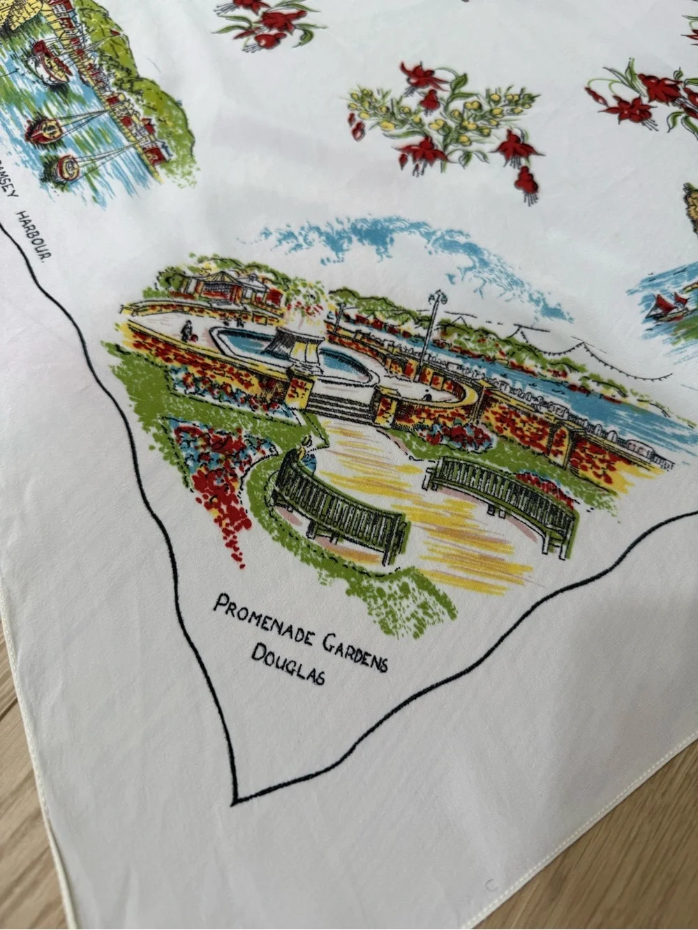 Vintage Isle of Man Souvenir Scarf 27” Bradda Head Douglas Travel Print